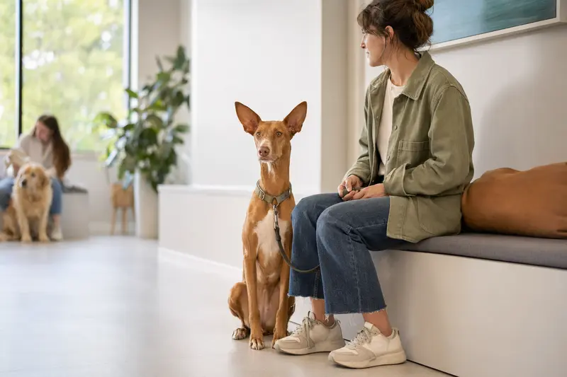 Ein Podenco Canario sitzt ruhig neben seinem Besitzer im hellen Wartezimmer einer modernen Tierarztpraxis.